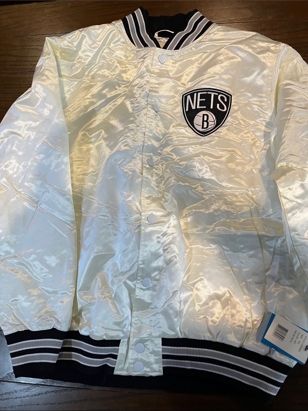 Starter Brooklyn Nets Satin Bomber Jacket in Pearl White